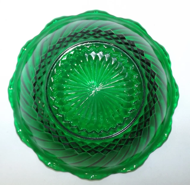 Fire King Anchor Hocking Forest Green Swirl & Diamond Ruffle 6.5" Bowl Vintage