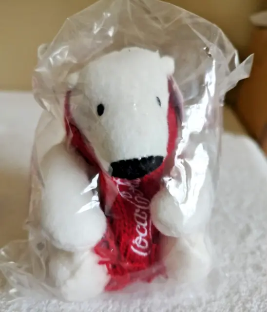 Coca Cola 4" Miniature Polar Bear Plush Stuffed Animal Red Knit Scarf NIP