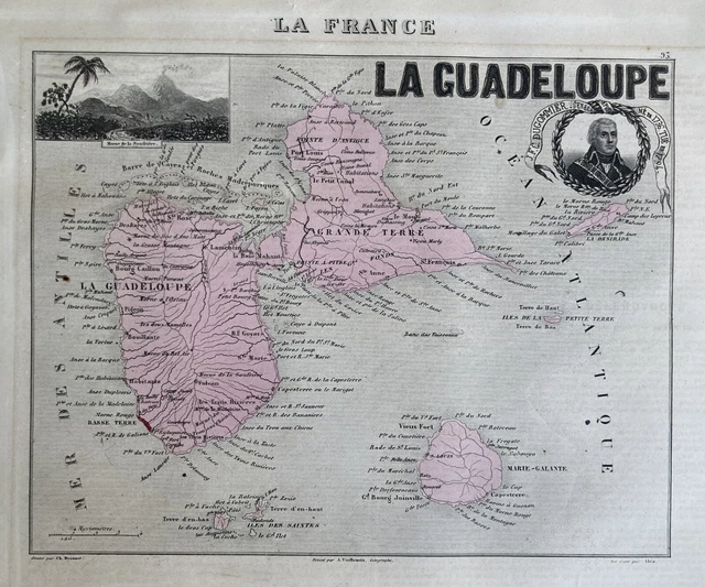 GRAVURE CARTE LA Guadeloupe Basse-Terre Marie-Galante 1881 Vuillemin