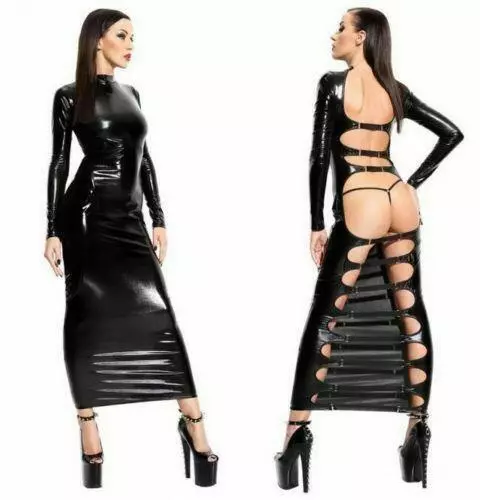 Women Latex Leather Long Dress Wet Look Bodycon Lingerie Clubwear Party Sz