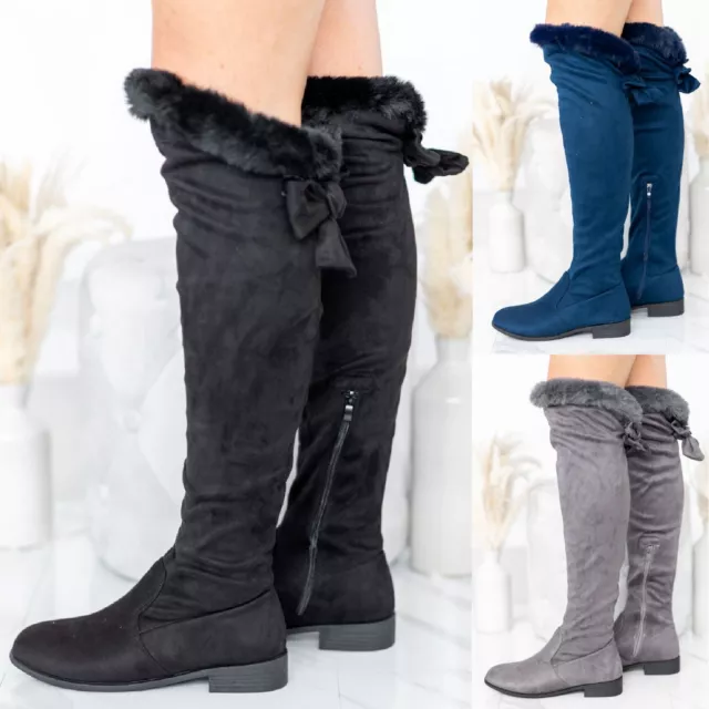 Ladies Womens Flat Fashion Zip Fur Bow Low Heel Over The Knee High Boots Size Uk