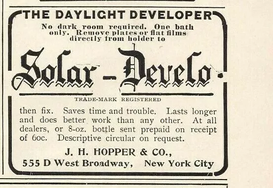 1904 Solar Develo Daylight Developer Antique Print Ad Film JH Hopper Camera