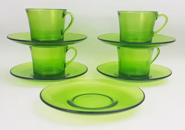 Duralex France Vintage Green Glass Cups And Saucers Set Of 4 French Retro