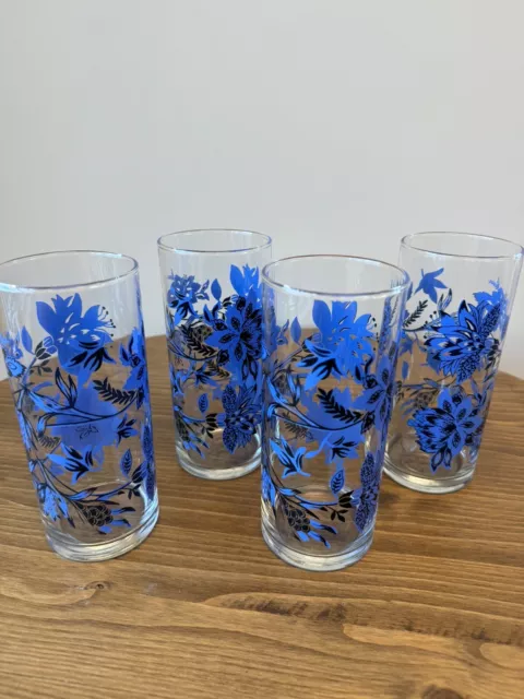 Royal Norfolk Cobalt Blue Floral Set of 4 Iced Tea 16 Oz. Glasses New