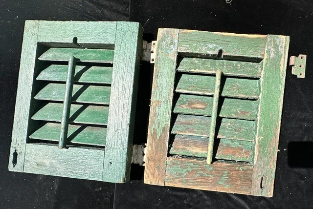 2 VTG Green Chippy Wood Louver Window Shutters Salvage Shabby Chic 17x14x 1.5