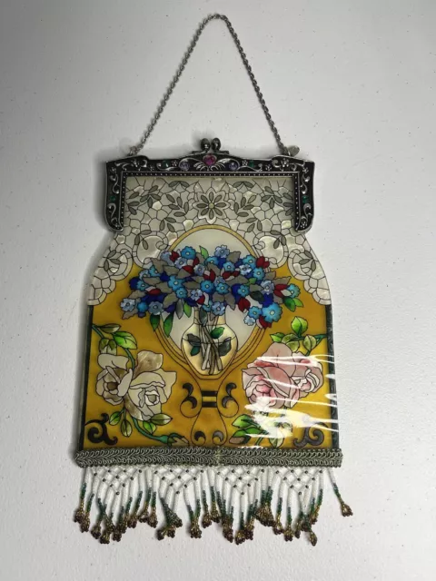 Amia Denver CO handpainted suncatcher glass purse fringed & beaded