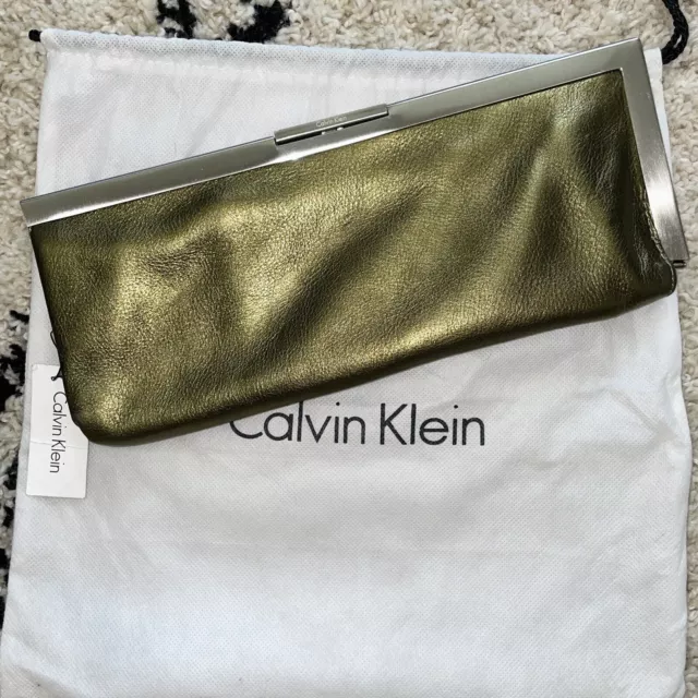 Calvin Klein NWT Bronze Leather Framed Envelope Clutch W/ Dust Bag