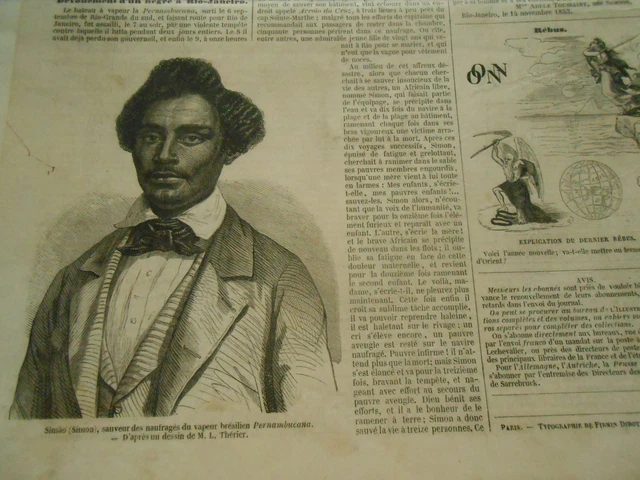 Gravure 1853 - Simâo sauveur des naufragés du vapeur Brésilien Pernambucana