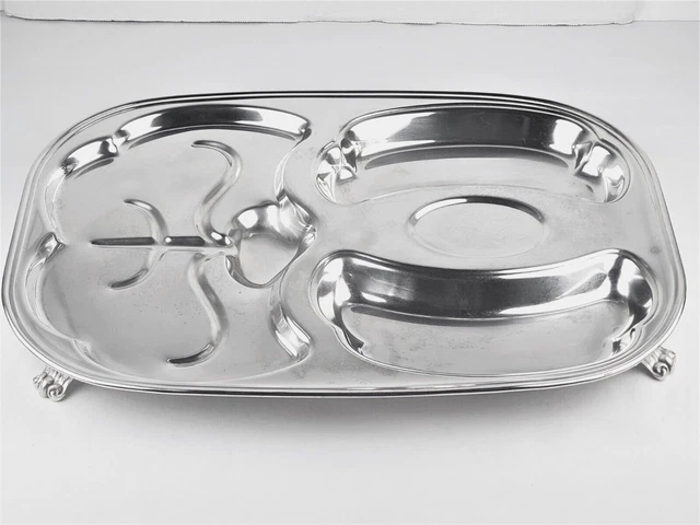 LARGE SILVER FOOTED SECTIONAL MEAT VEGGIES DIP SERVING TRAY PLATTER w/ WELL 18"