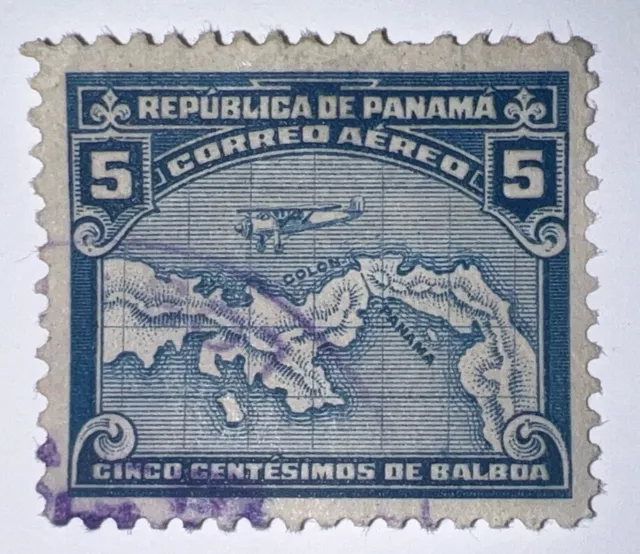 Travelstamps: Panama Air Mail Stamp - 5c Used Ng, Handstamped