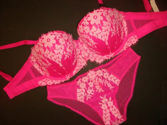 Nwt Victoria's Secret 32DDD Heftklammern Bh Set + S Höschen Pink Kokos Weiß Lace