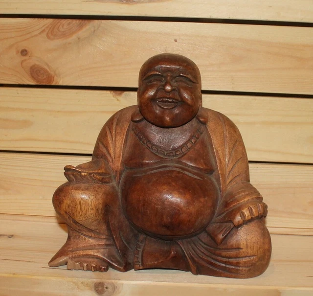 Vintage Asian hand carving wood statuette Budai Laughing Buddha