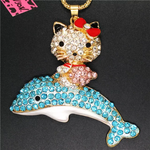 Hot Fashion Women Cute Bow Blue Cat Dolphin Crystal Pendant Chain Necklace