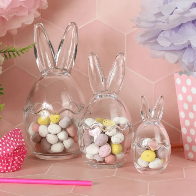 Easter Bunny Sweets Jars Set Of 3 Clear Glass Candy Holders Rabbit Ears