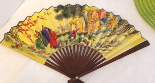 Antique Chinese Bamboo Hand Painted Fan with Calligraphy 13"