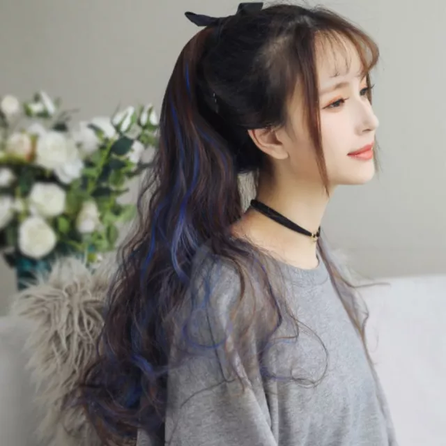 Wavy Curly Ponytail Pony Tail Hairpiece Blue Highlight Ponytail Hair Extension