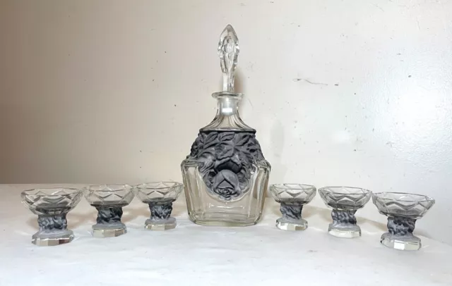 7 Antique clear frosted crystal Czech Bohemian rose Art Deco glass decanter set