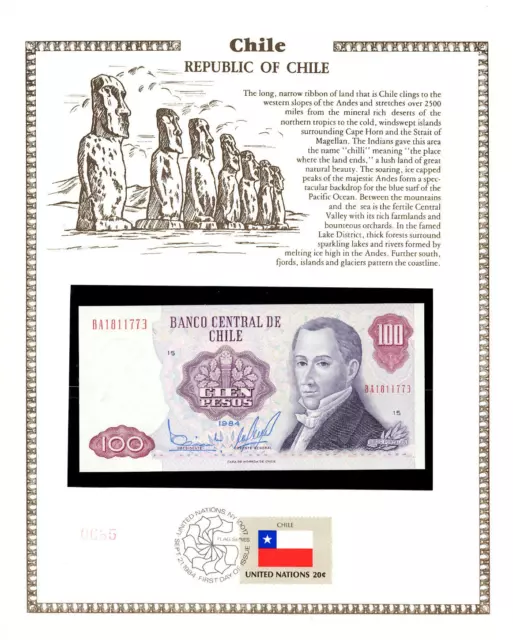 Chile 100 Pesos 1984 P-152b UNC w/FDI UN FLAG STAMP BA1811773