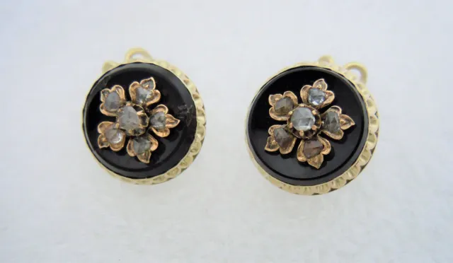 Antik Diamant Onyx Blüten Ohrringe , Gold 585 14 karat , ohne Ohrlöcher tragbar