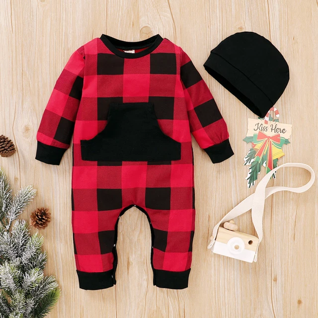 Pigiama Natale bambino bambino bambina body a quadretti set abito da tasca anteriore