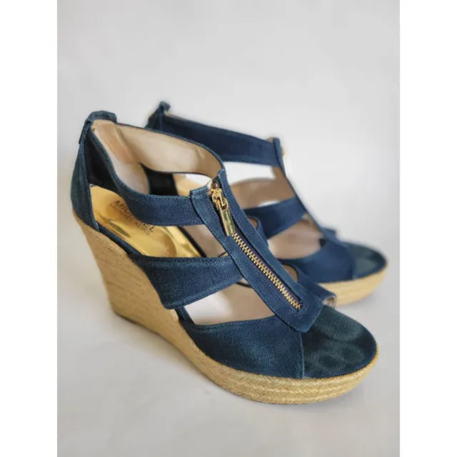 Michael Kors Womens Berkley Sandal Size 9 Wedge Platfrom Espadrille Blue Denim