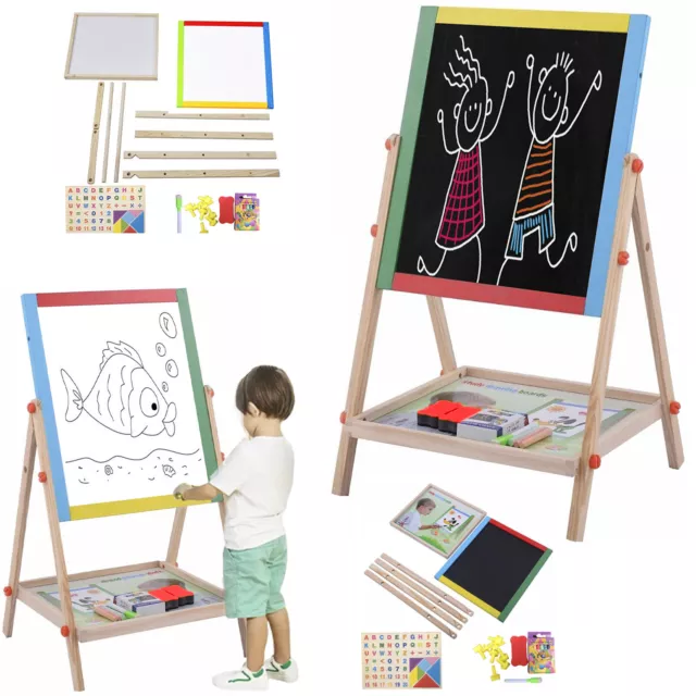 HOMCOM Kids Wooden Art Easel with Paper Roll Double-Sided