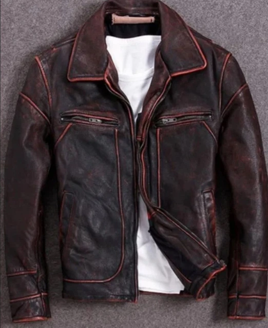 Giacca Uomo Moto Biker Vintage Cafe Racer Rosso Marrone Vera Pelle