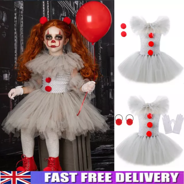 Kids Girls Pennywise Clown Fancy Dress Party Cosplay Costume Outfit Headband Set