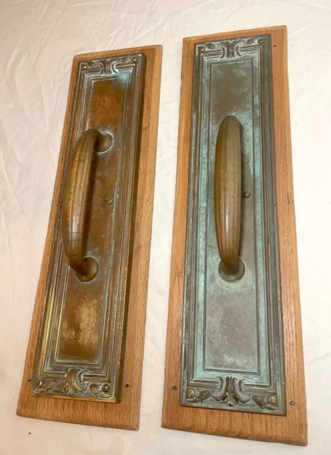 HUGE pair of antique bronze 1800's  industrial fixed door handle hardware pulls