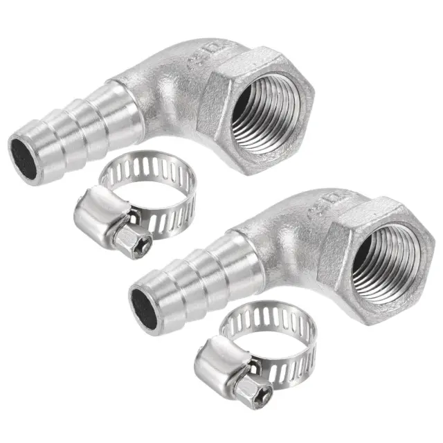 Steel Hose Barb Fitting Elbow 12mm x 1/4PT Female Thread with Hose Clamp 2 Set