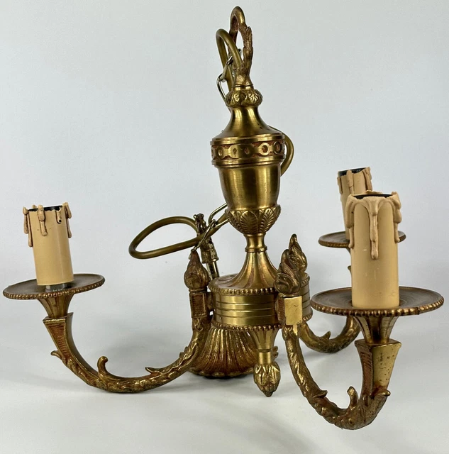 Vintage French Neo Classical 3 Arm Small Ornate Brass Ceiling Light Chandelier