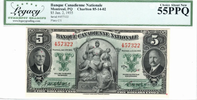 Banque CANADIENNE Nationale $5 Dollars 1935 LCG Choice aUNC-55 PPQ CH-85-14-02