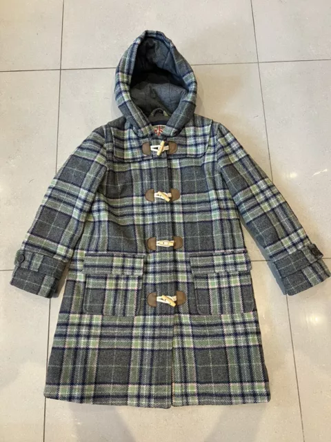 Mini Boden Wool Duffle Coat Grey Plaid Lined Hood School Girls 9-10yrs