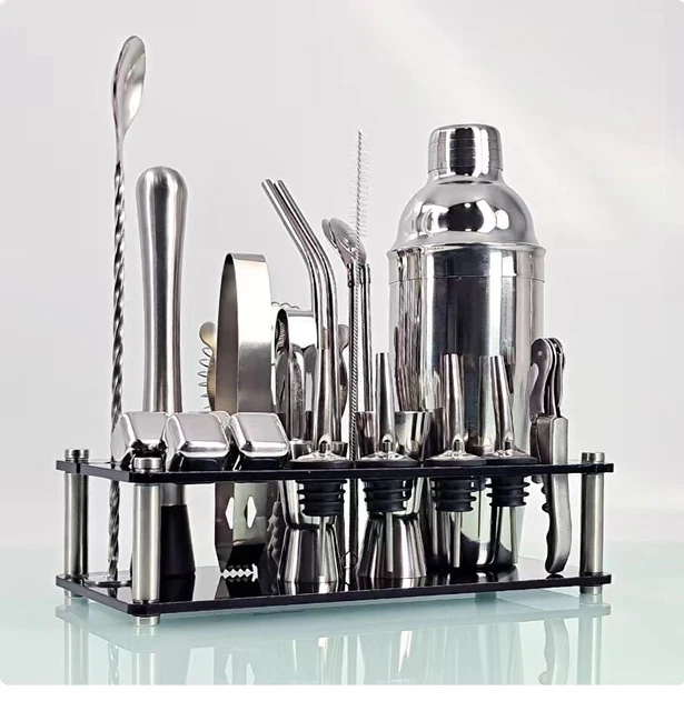 23 Piece Stainless Steel Cocktail Shaker Set Acrylic Stand