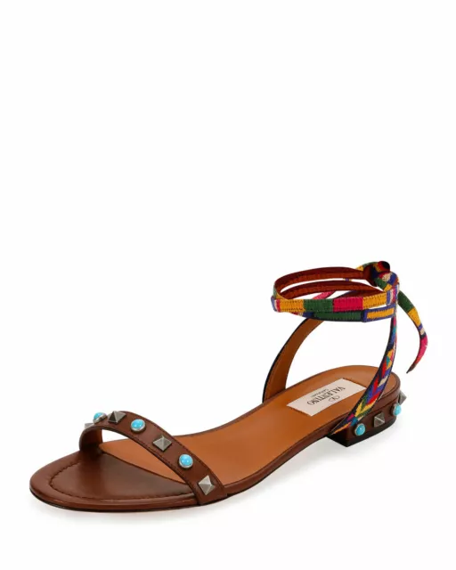 VALENTINO Rockstud Rolling Embroidered Brown Leather Flat Sandal $795 38.5