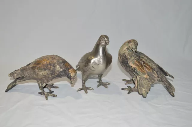 VTG Metal Cast Iron Dove Pigeon Set Ornate Figurines w/Great Patina Asian Metal