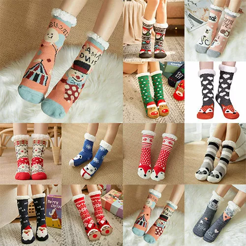 Animal Socks Ladies Bed Fur Warm Fluffy gripper Girls Soft Slipper Fleece Lined