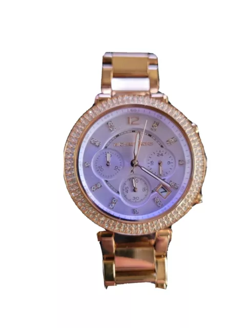 MICHAEL KORS Womens Parker Chronograph Watch Crystals Rose Gold Band Purple Dial