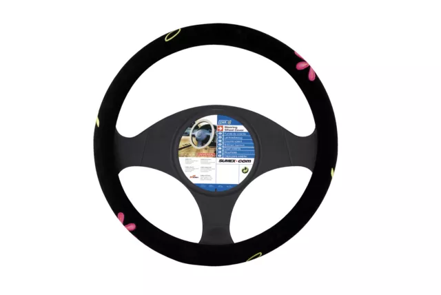 Velvet Car Steering Wheel Cover Glove Black Pink Flower Power 37-39cm Universal