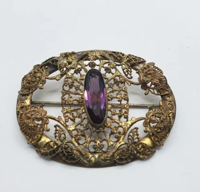 Victorian Art Nouveau Filigree Amethyst Glass Sash Pin Brooch C Clasp 2.75"