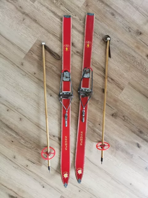 Antike/Alte Holz Ski mit Bindung und Stecken, Edelweiss, Schuss, 120cm