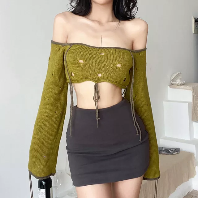 Womens Sexy Off Shoulder Lace Up Knitted Hole Long Sleeves Backless Cropped Tops