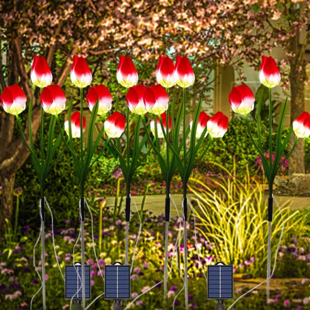 Solar Outdoor Lights Waterproof Tulips Solar Garden Lights (1 towing 2 Red) #F