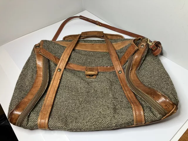 Vintage hartmann suitcase overnight bag soft tweed leather double zip handles