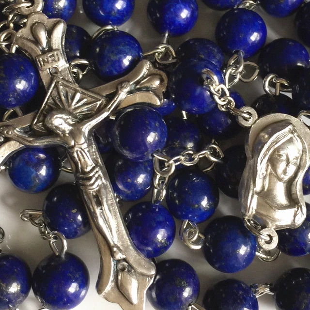 Rare Lapis lazuli beads Rosary silver jesus Cross crucifix catholic necklace box