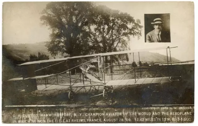 1909 Real Photo Glenn Curtiss Postcard Showing Aeroplane He Won Title With