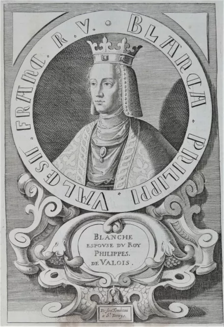 Gravure Jacques de Bie PORTRAIT XVIIe BLANCHE de Navarre épouse de PHILIPPE VI