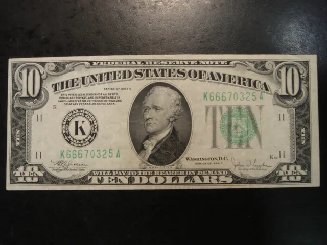 1934C $10 Federal Reserve Note Green Seal Serial # K666 Dallas VF++++ -XF