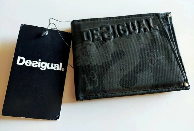 Portefeuille Mixte Mini Desigual Neuf - Coton Enduit Noir & Gris, Logo Embossé, Dimensions 11.5x9 Cm