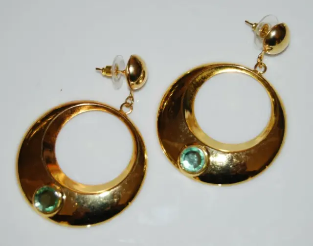 Elegant Vtg 80-90'S Green Crystal Golden Round Lg Drop Dangle Hoop Post Earrings